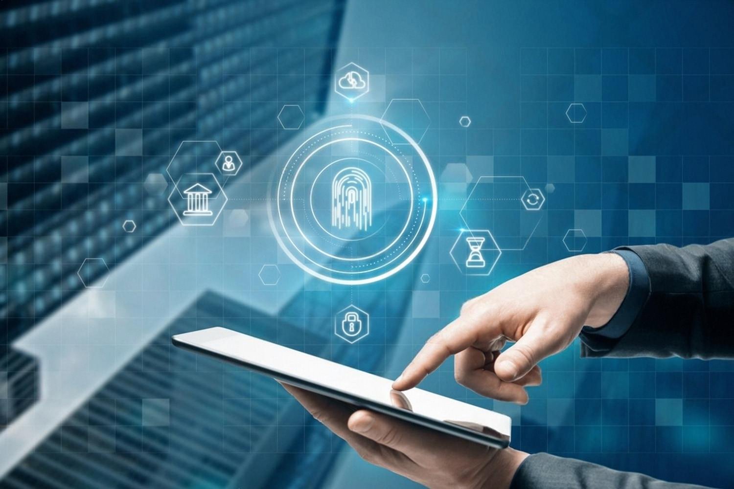 Businessman using a tablet with digital security and compliance icons floating above the screen